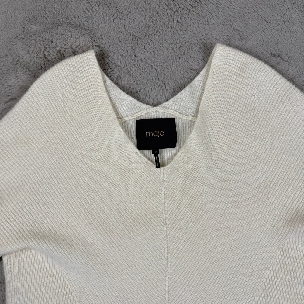 Maje Cashmere Sweater V-Neck Ribbed Jumper Knit Pullover Cream Size M Designer - Picture 9 of 10